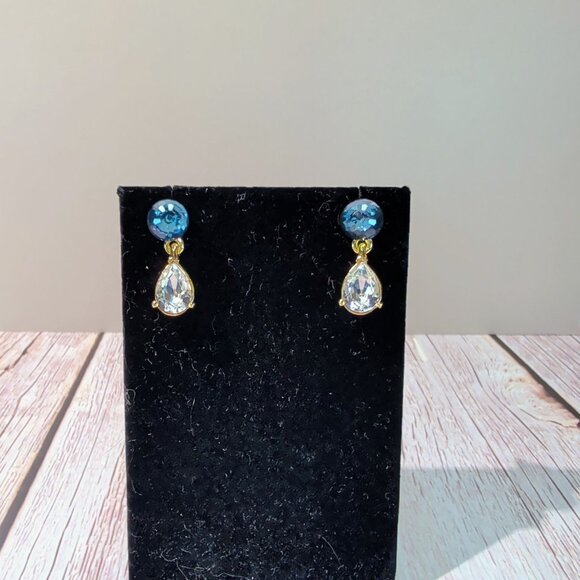 NWOT Oscar De La Renta 14k Plated Mini Globe Drop Earrings With Clear & Blue - Picture 1 of 10